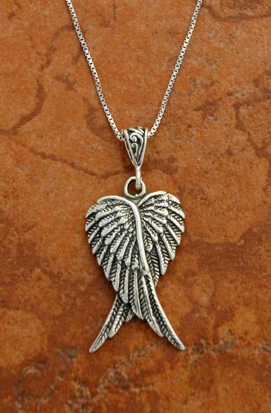 Double Angel's Wings Sterling Silver Pendant with Chain