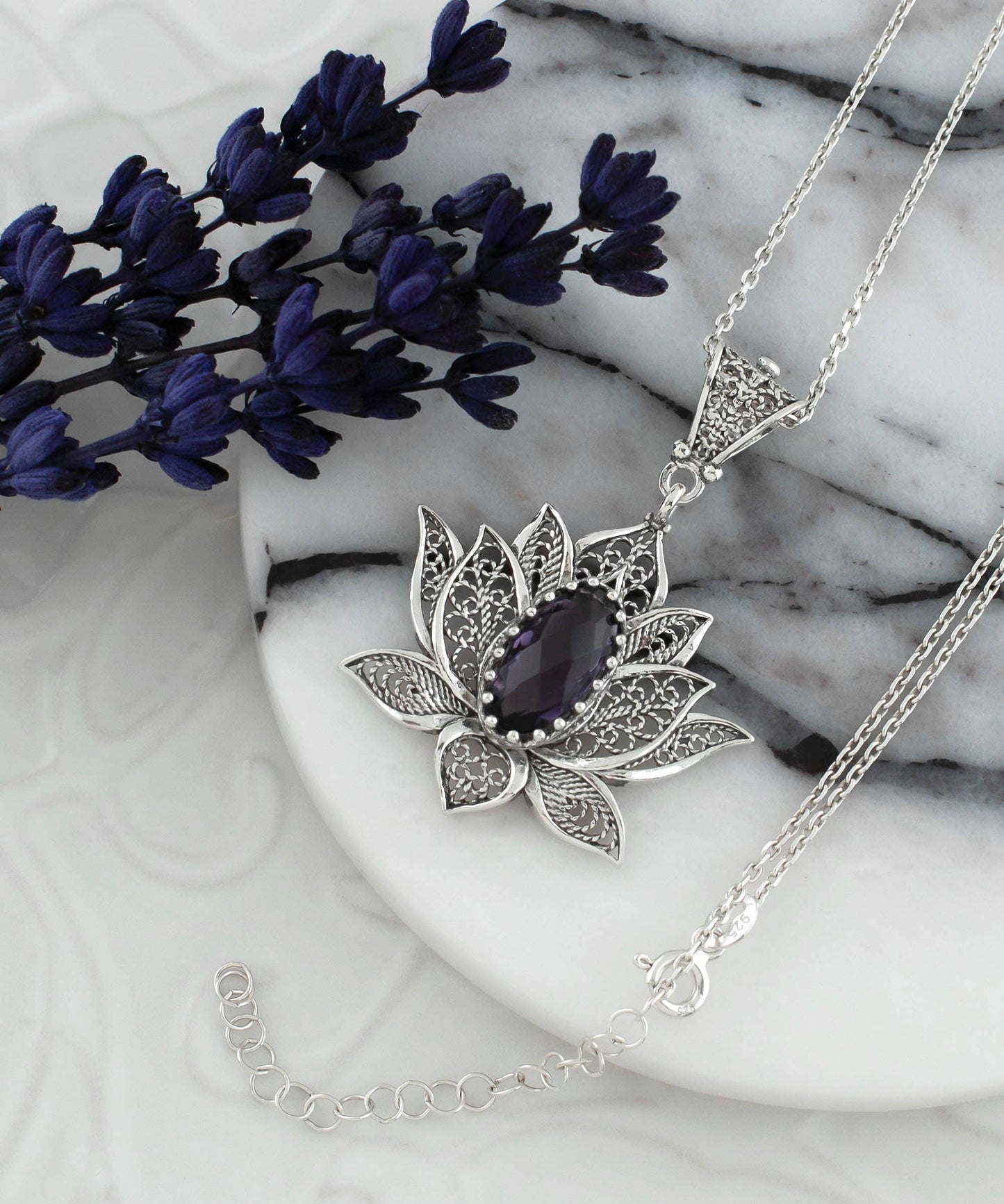 Amethyst Filigree Lotus Sterling Silver Pendant with Necklace