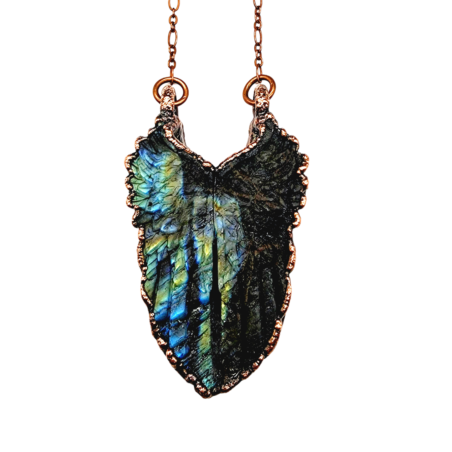 Angel Wings Copper Wrapped Green Fire Labradorite Necklace