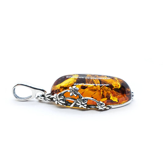 Cognac Amber Silver Pendant with Flower Design (Includes Chain)