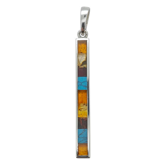 Multi-Color Mosaic Amber and Turquoise Silver Pendant