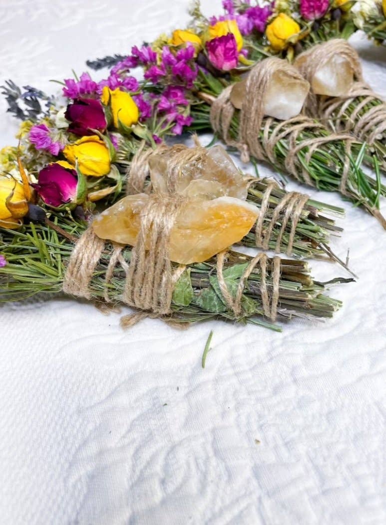 Citrine, Lavender, Sage and Rosemary Smudge Stick With Crystal