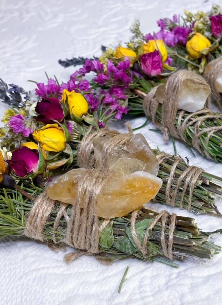Citrine, Lavender, Sage and Rosemary Smudge Stick With Crystal