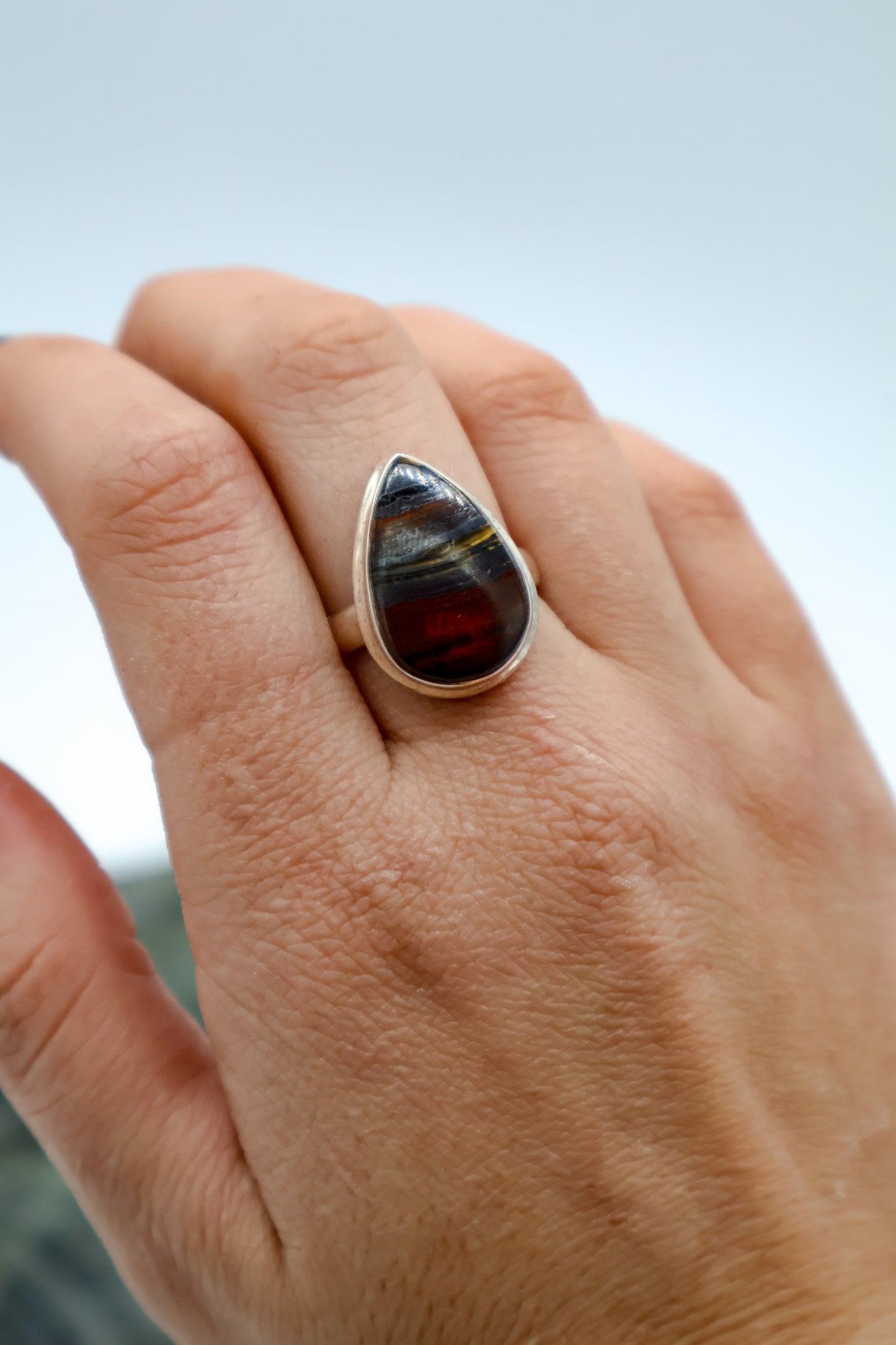 Iron Tiger's Eye Teardrop Shaped Sterling Silver Ring (Size 7)