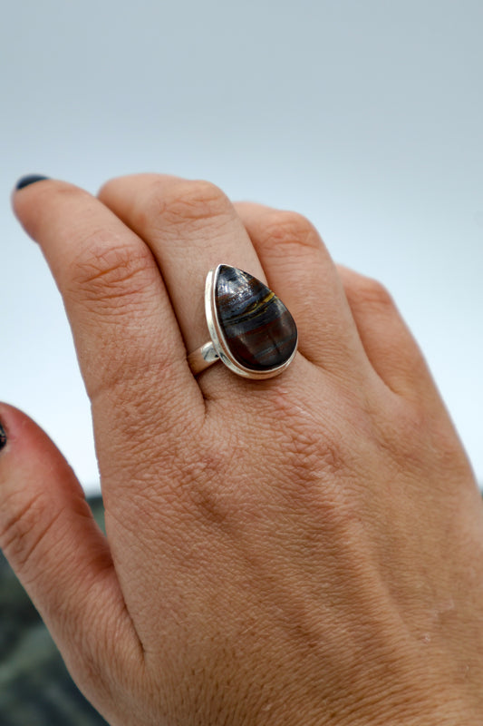 Iron Tiger's Eye Teardrop Shaped Sterling Silver Ring (Size 7)