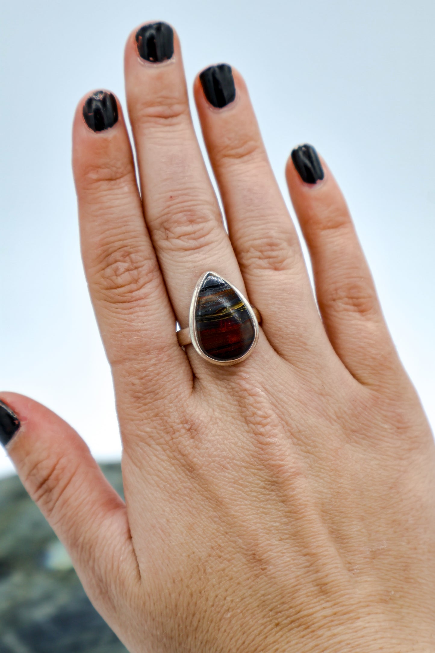 Iron Tiger's Eye Teardrop Shaped Sterling Silver Ring (Size 7)