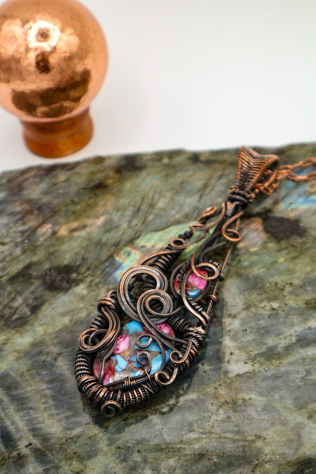 Pink Dahlia Handmade Copper Wrapped Pendant with Gemstone