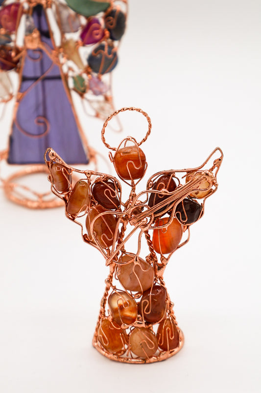 Angel Holding Instrument Copper Wire Sculpture With Assorted Gemstones (Small)