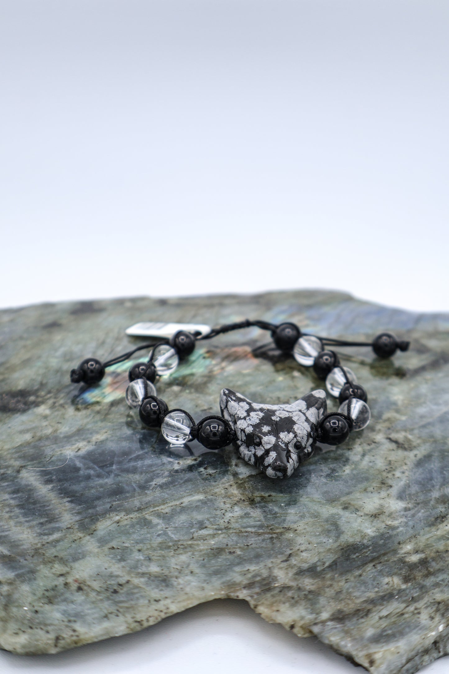 Snowflake Obsidian Wolf Spirit Animal Woven Gemstone Bracelet